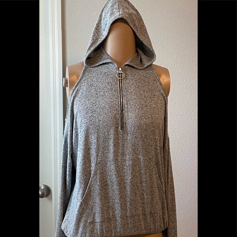 VENUS Cold Shoulder Hooded Zip Sweatshirt with Stretch Waistband